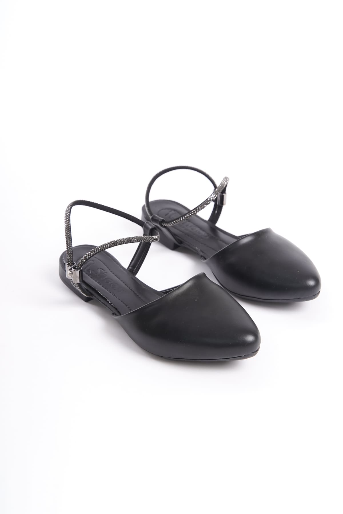 CLZ948 Rubberized Orthopedic Comfortable Sole Ankle Stone Detailed Women's Babet Shoes ST Black