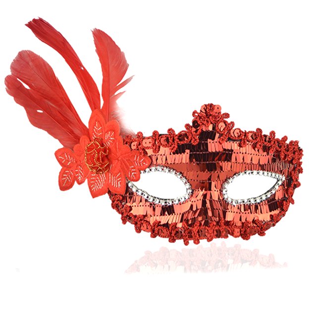 Red Sequin Sequin Red Color Side Feather Party Mask 18x22 cm