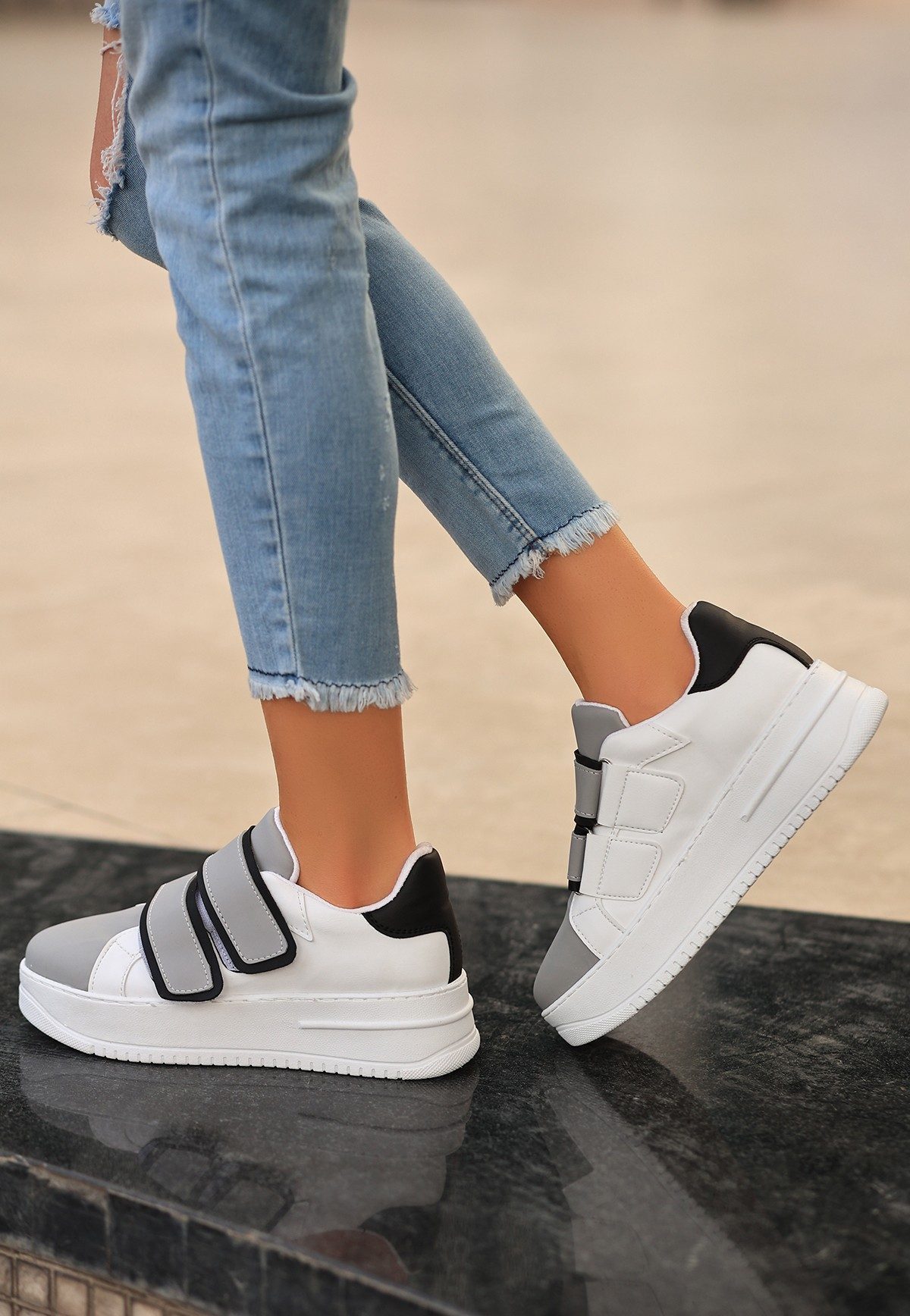 White Skin Gray Detailed Sneakers