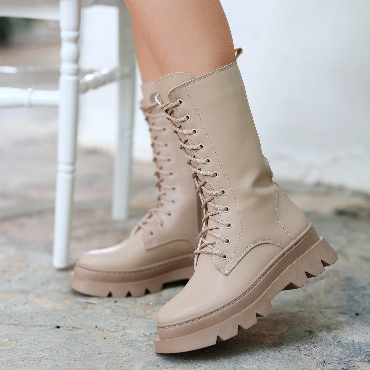 Nude Skin Lace-up Boots