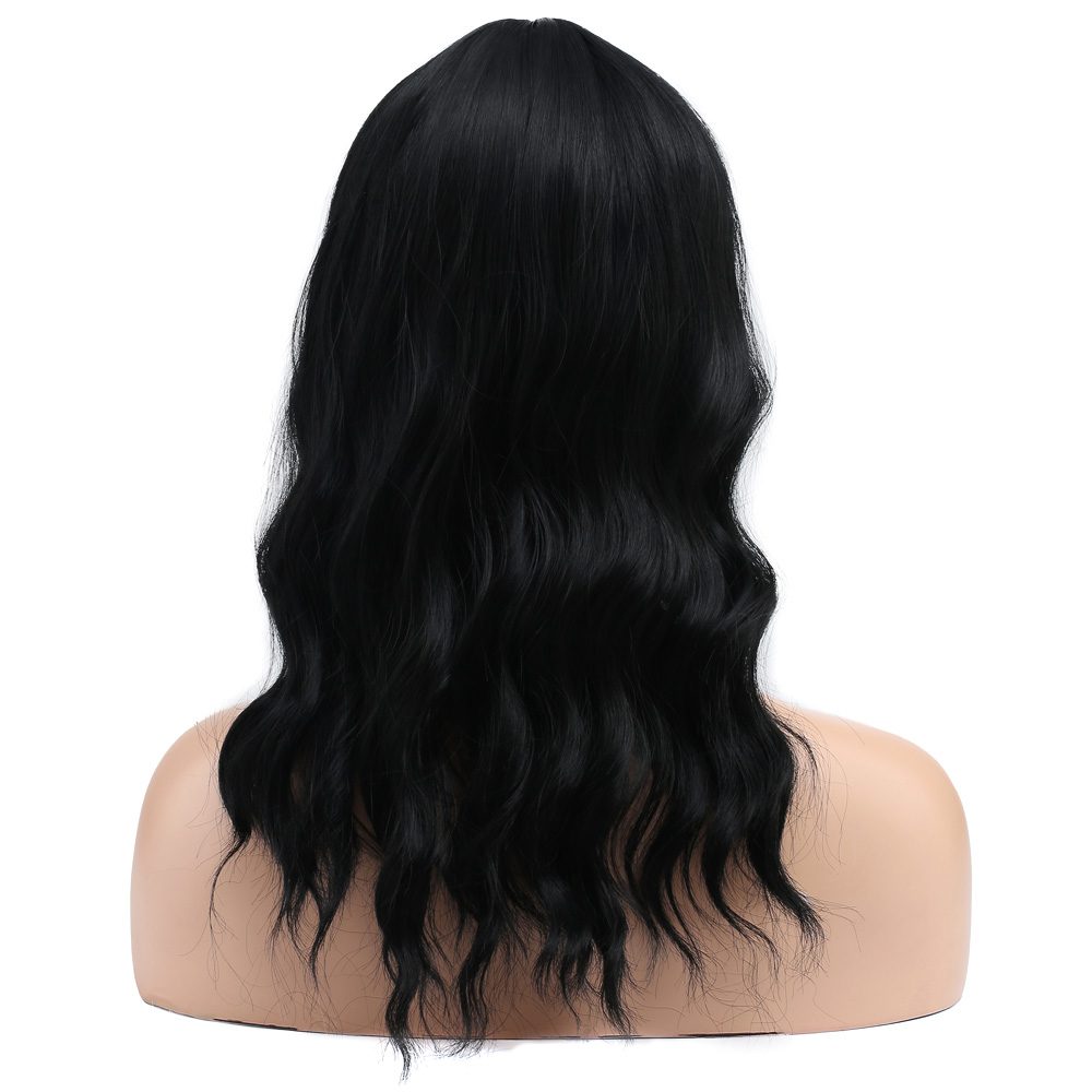 Kanekalon Fiber Synthetic Wig with Wavy Short Custom Bangs / Black