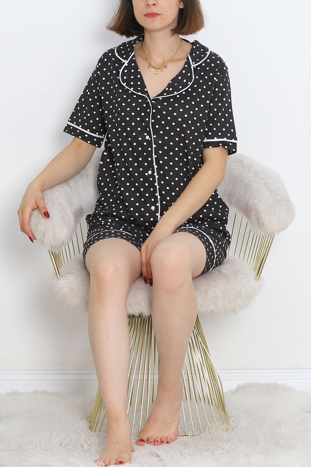 Buttoned Shorts Pajama Set DottedBlack