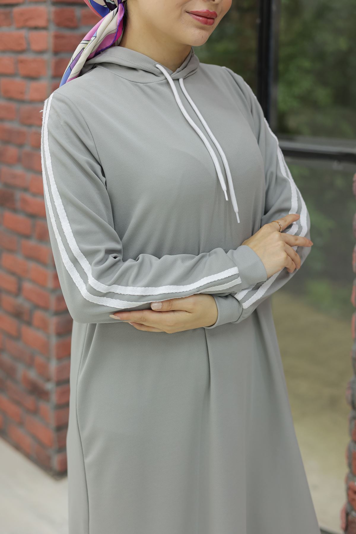 Hooded Stripe Detailed Dress Gray