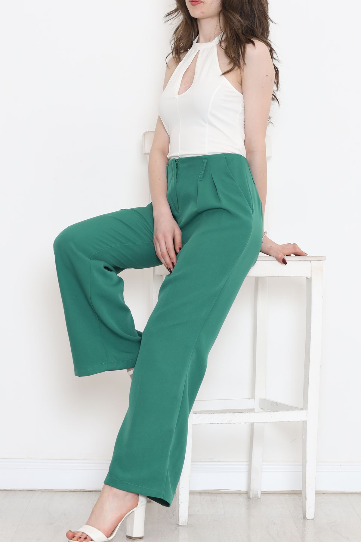 Palazzo Pants with Waist Cuffs Green