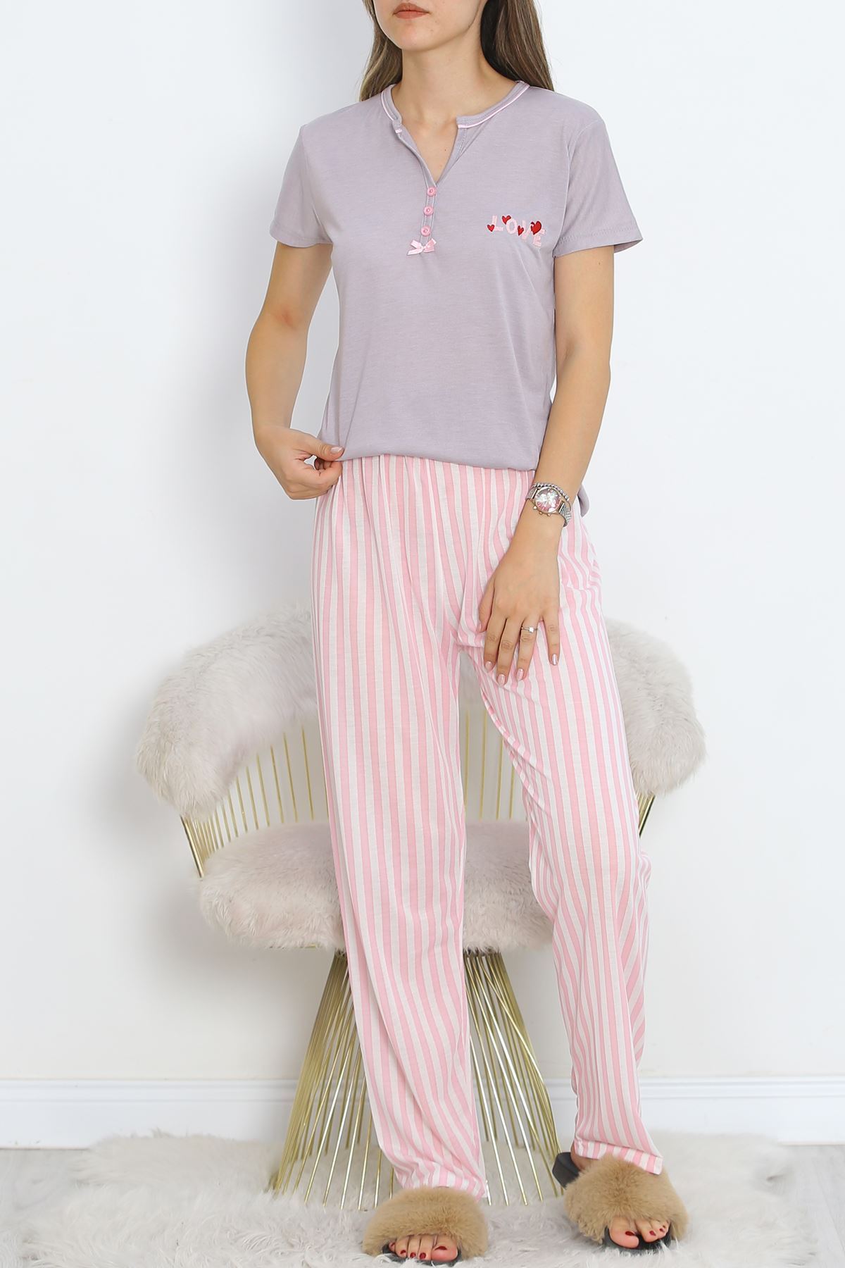 Pear Collar Short Sleeve Pajama Set with Intermediate Piping Pink