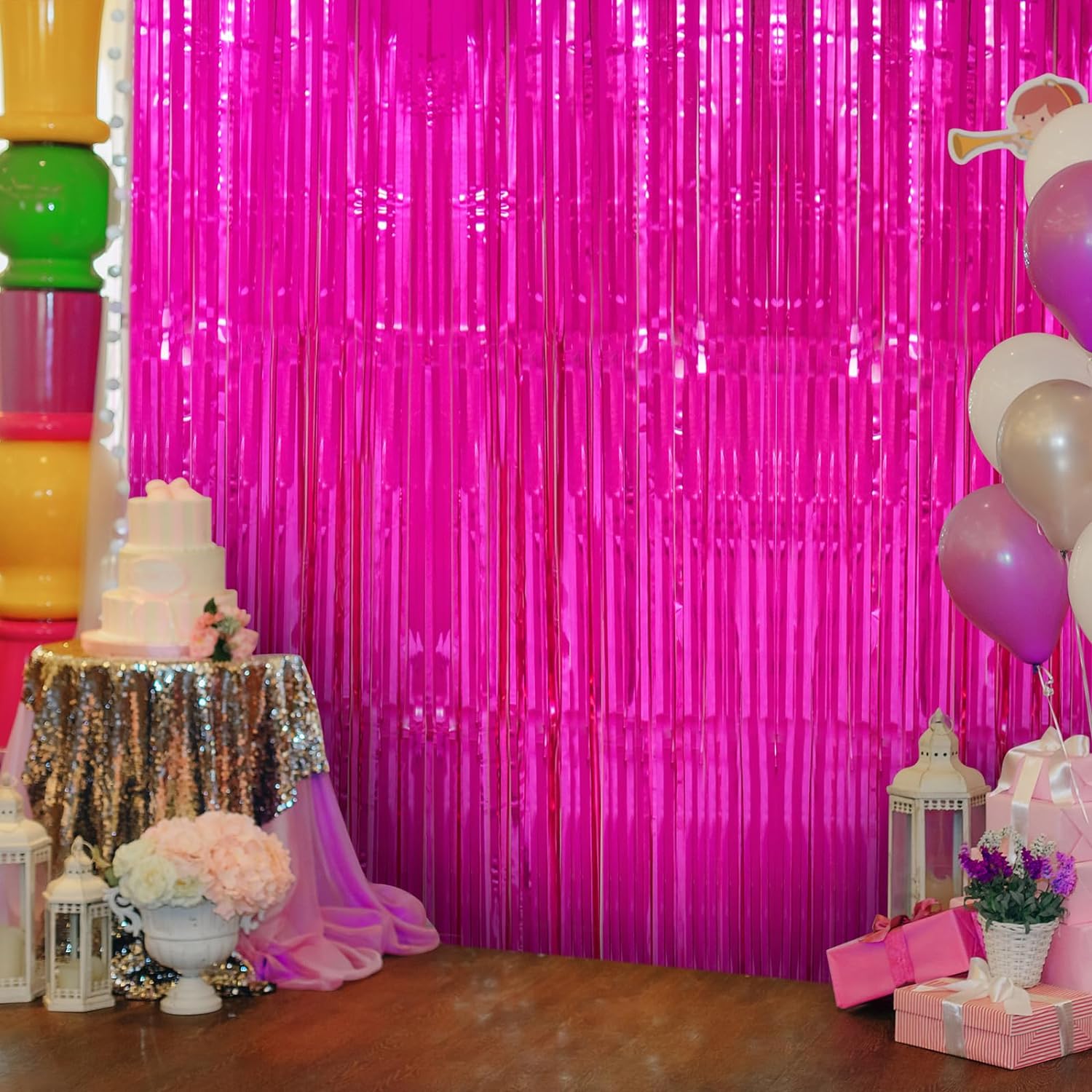 Fuchsia Color Extra Metalized Shiny Fringed Backdrop Curtain Imported A Quality 1x2 Meters