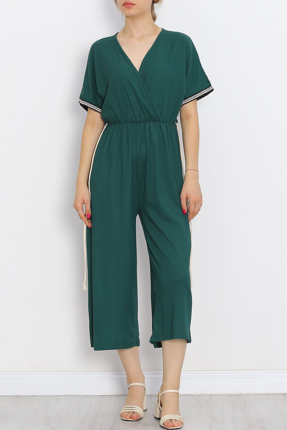 Knit Belt Burlap Jumpsuit Emerald