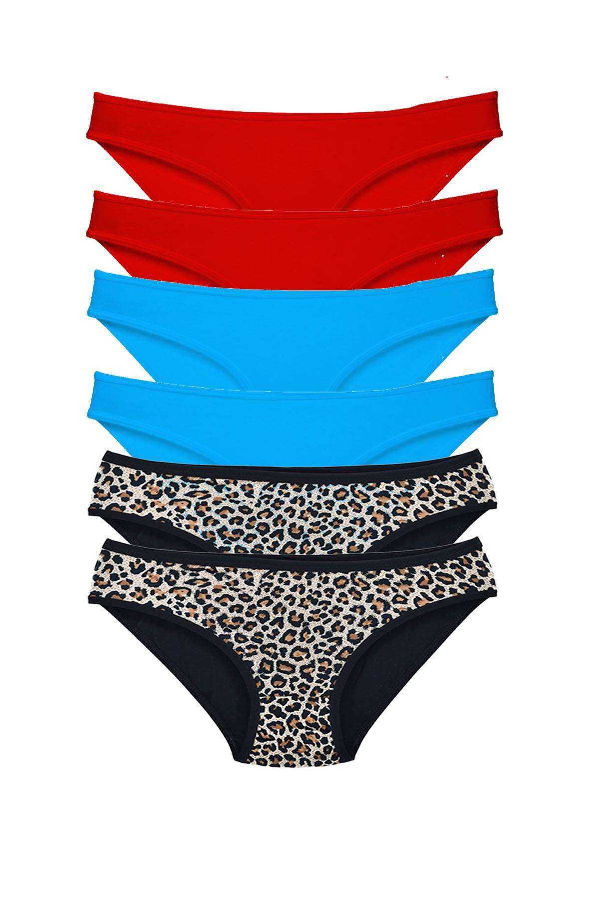 6 Pcs Lycra Women Slip Panties Leopard Red Blue