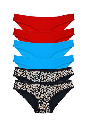 6 Pcs Lycra Women Slip Panties Leopard Red Blue