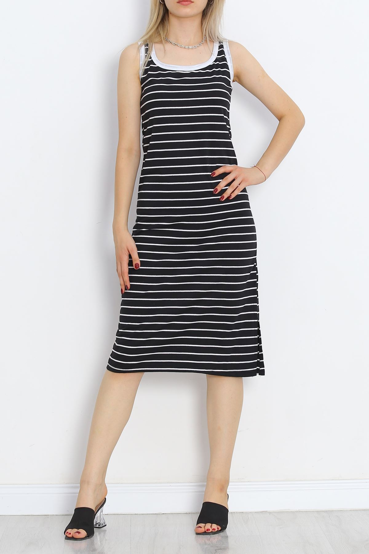 Striped Garnished Suprem Dress Black