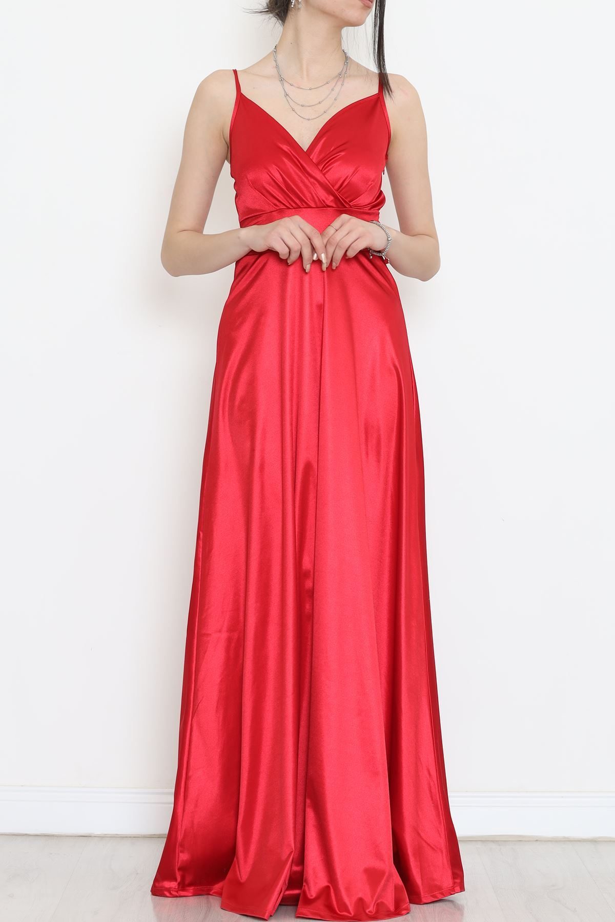 Satin Dress with Straps Red