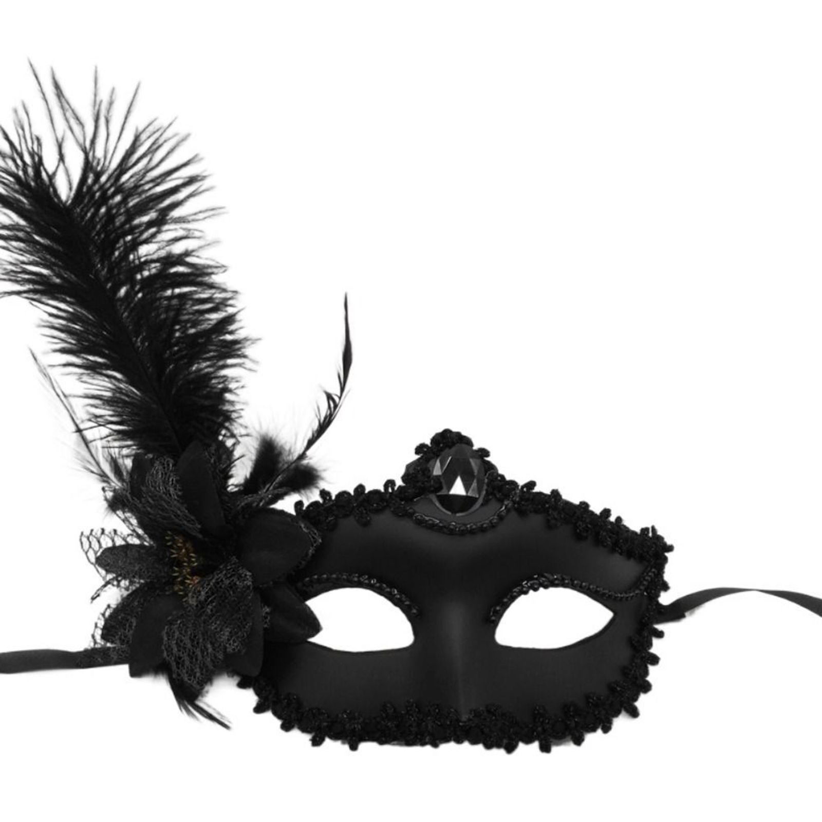 Black Matte Color Side Feather Party Prom Venetian Mask with Roses 16x22