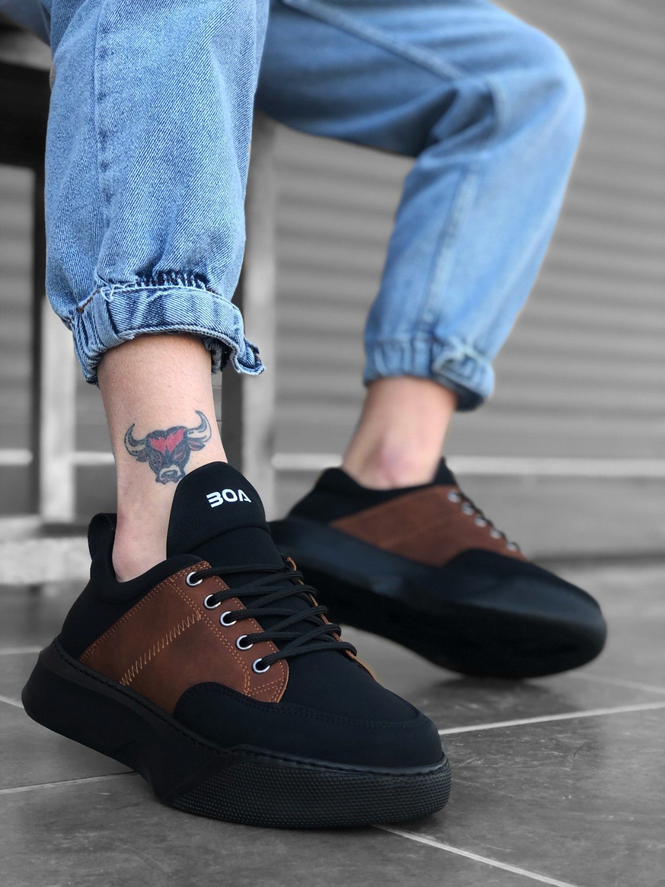 Lace-up Men's High Sole Black Tan Sneakers