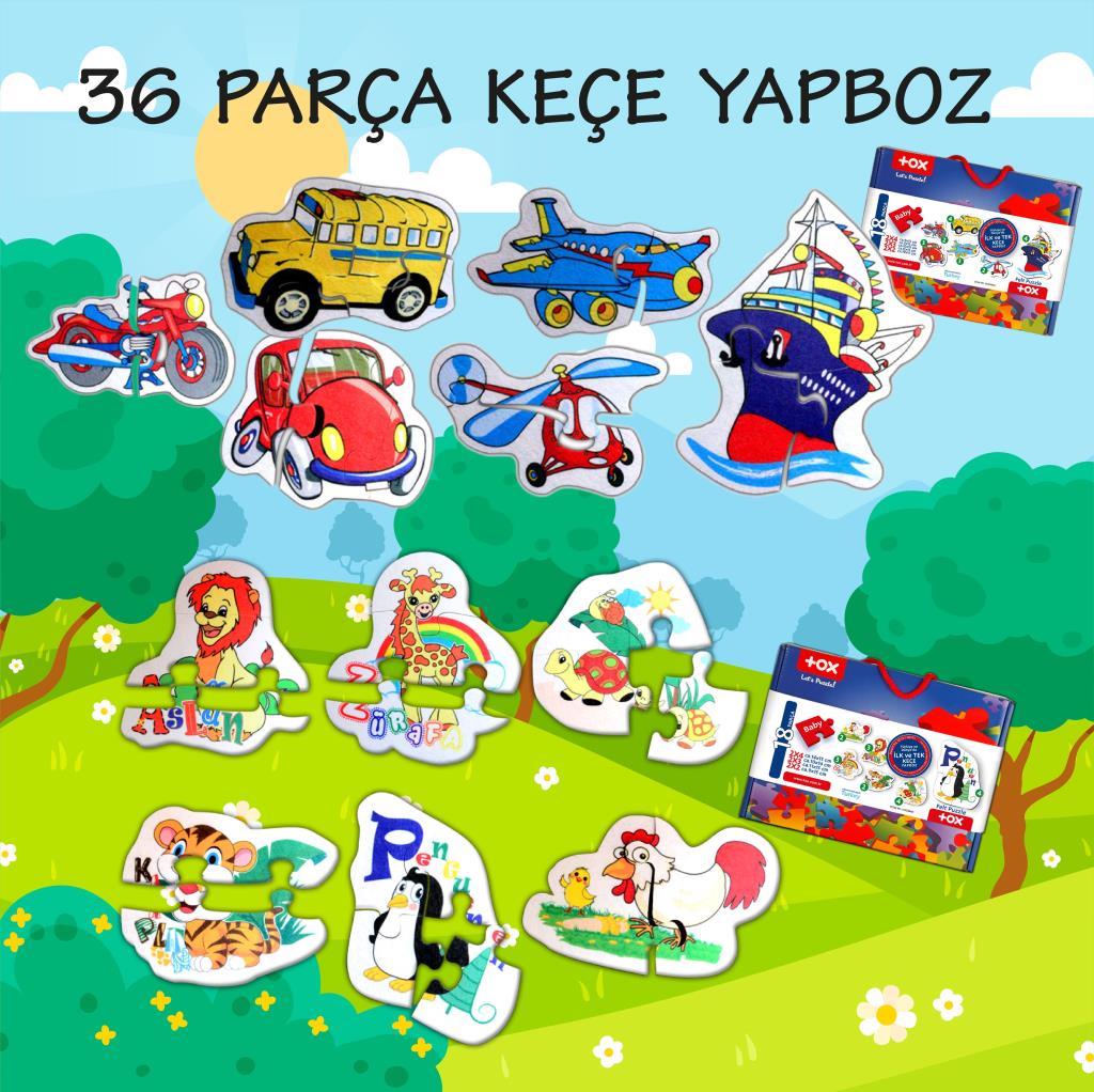 12 Set - 36 Pieces Animals and Means of Transportation 2+ Felt Jigsaw Puzzle - 2 Year Old Puzzle