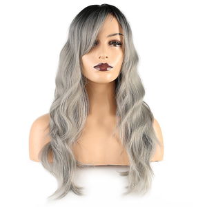 Kanekalon Fiber Synthetic Medium Wig with Wavy Custom Bangs / Black Gray Ombré