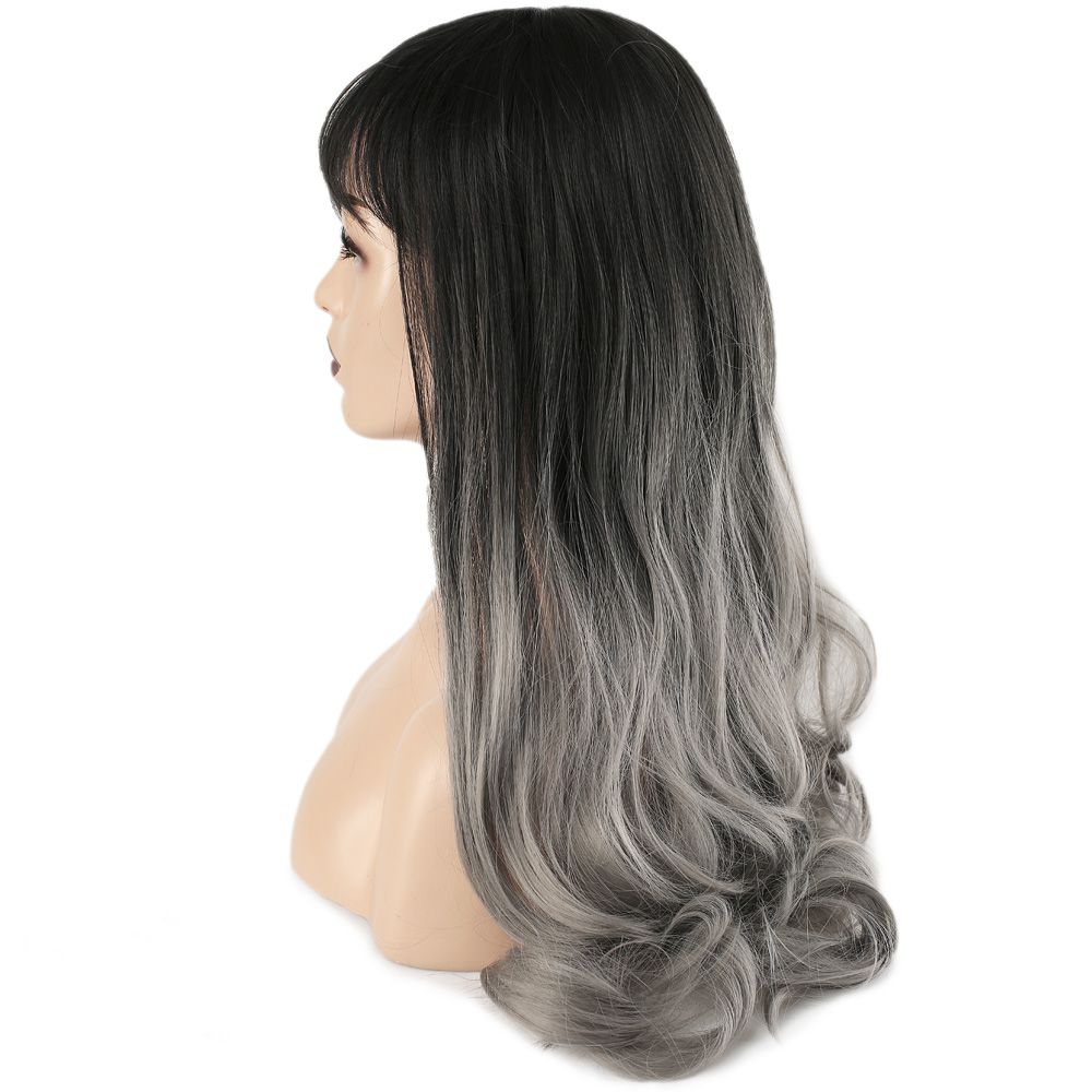 Long Wavy Kanekalon Fiber Synthetic Wig with Custom Bangs / Black Gray Ombré