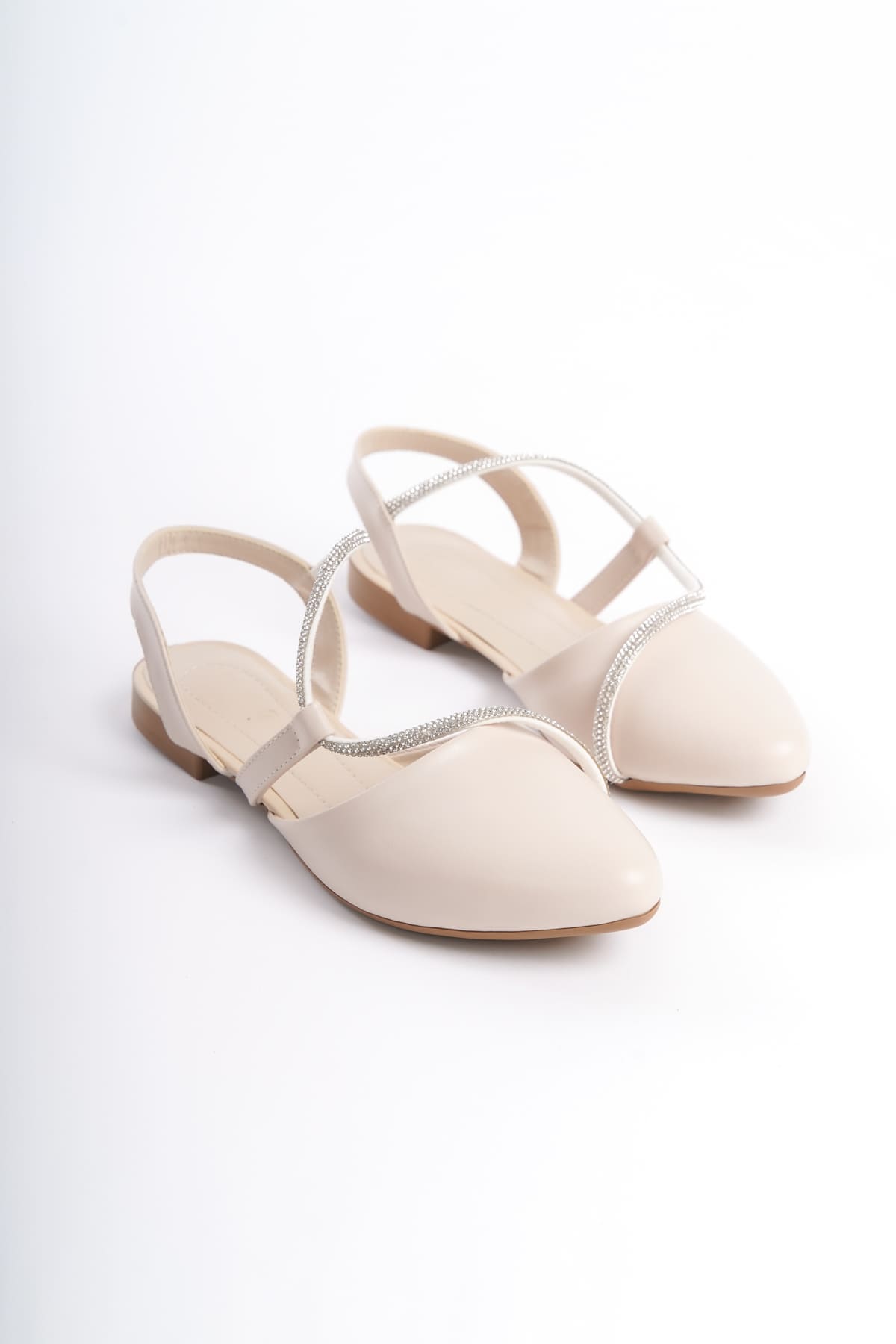 CLZ948 Rubberized Orthopedic Comfortable Sole Stone Detailed Women's Babet Shoes KT Cream