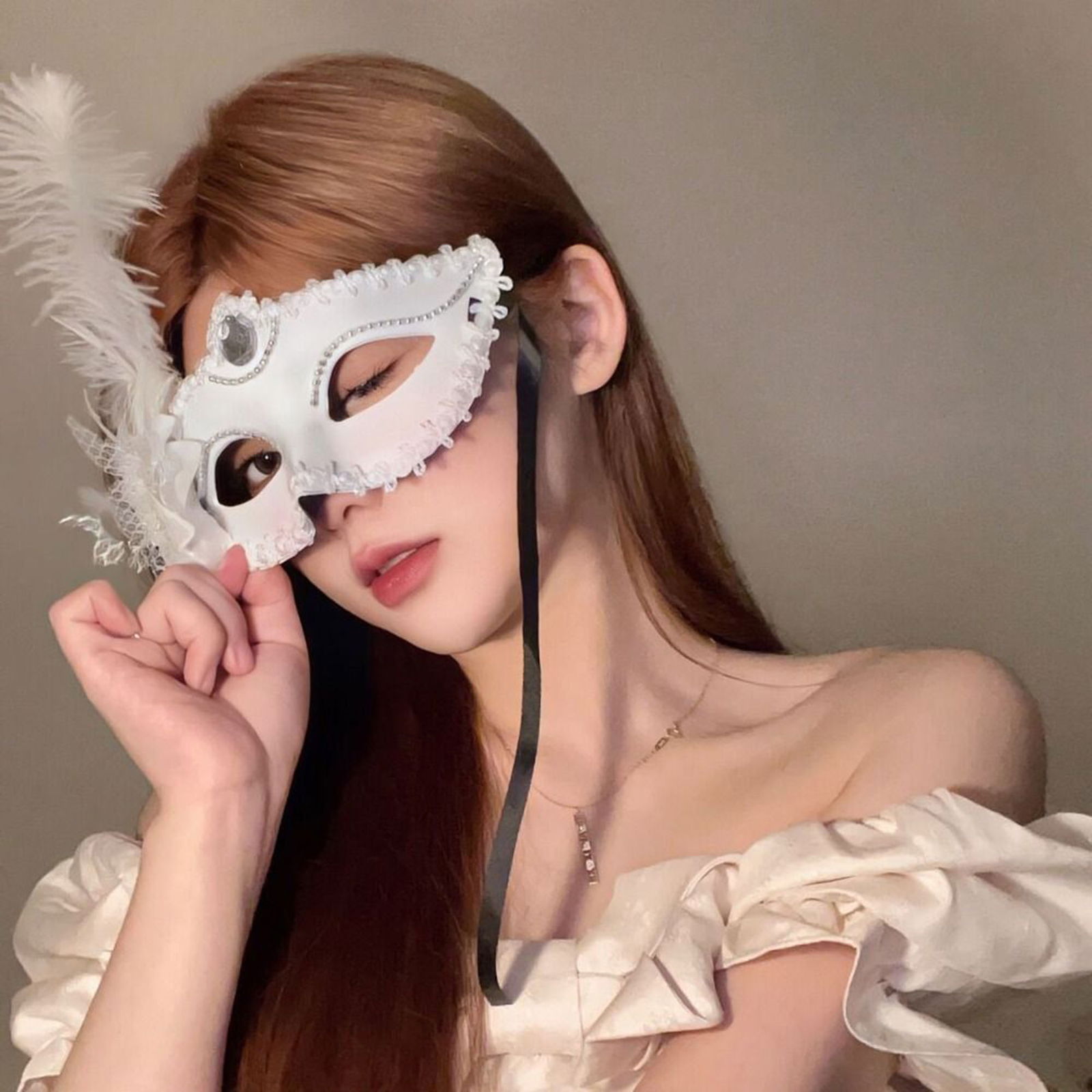 White Matte Color Side Feather Party Prom Venetian Mask with Roses 16x22