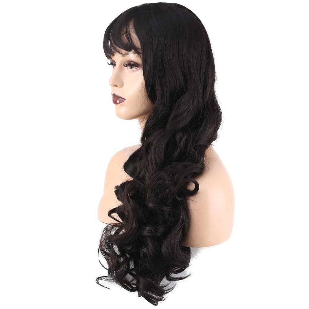 Long Kanekalon Fiber Synthetic Wig with Wavy Custom Bangs / Brown