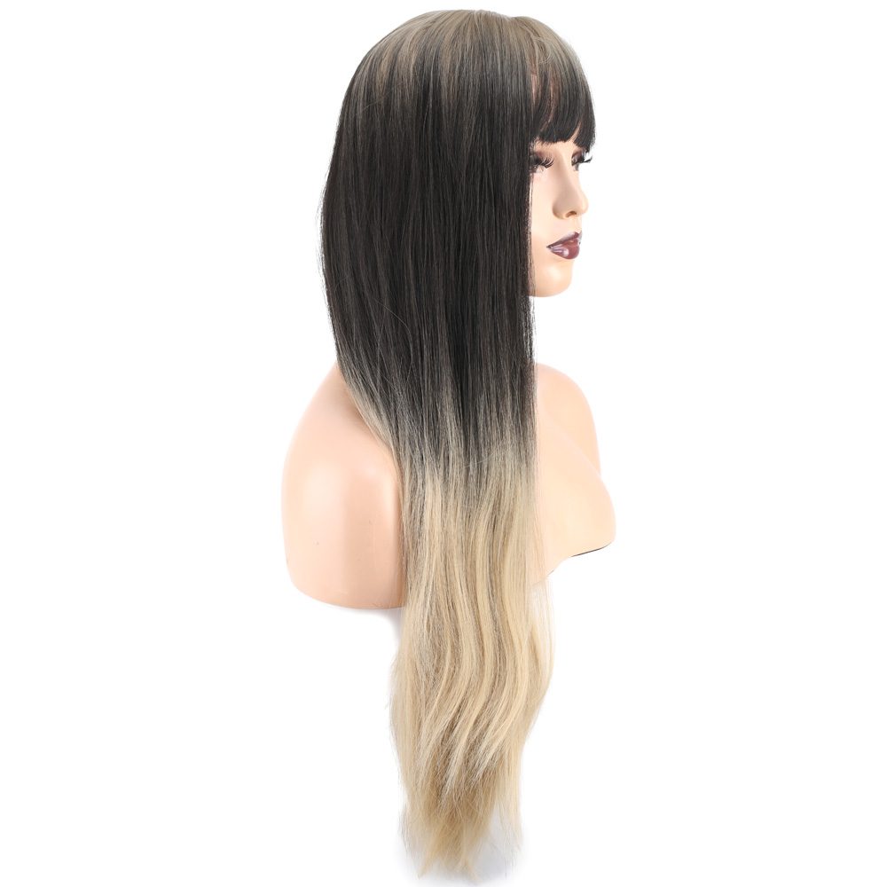 Long Kanekalon Fiber Synthetic Wig with Straight Custom Bangs / Ashy Black / Wig Ombré