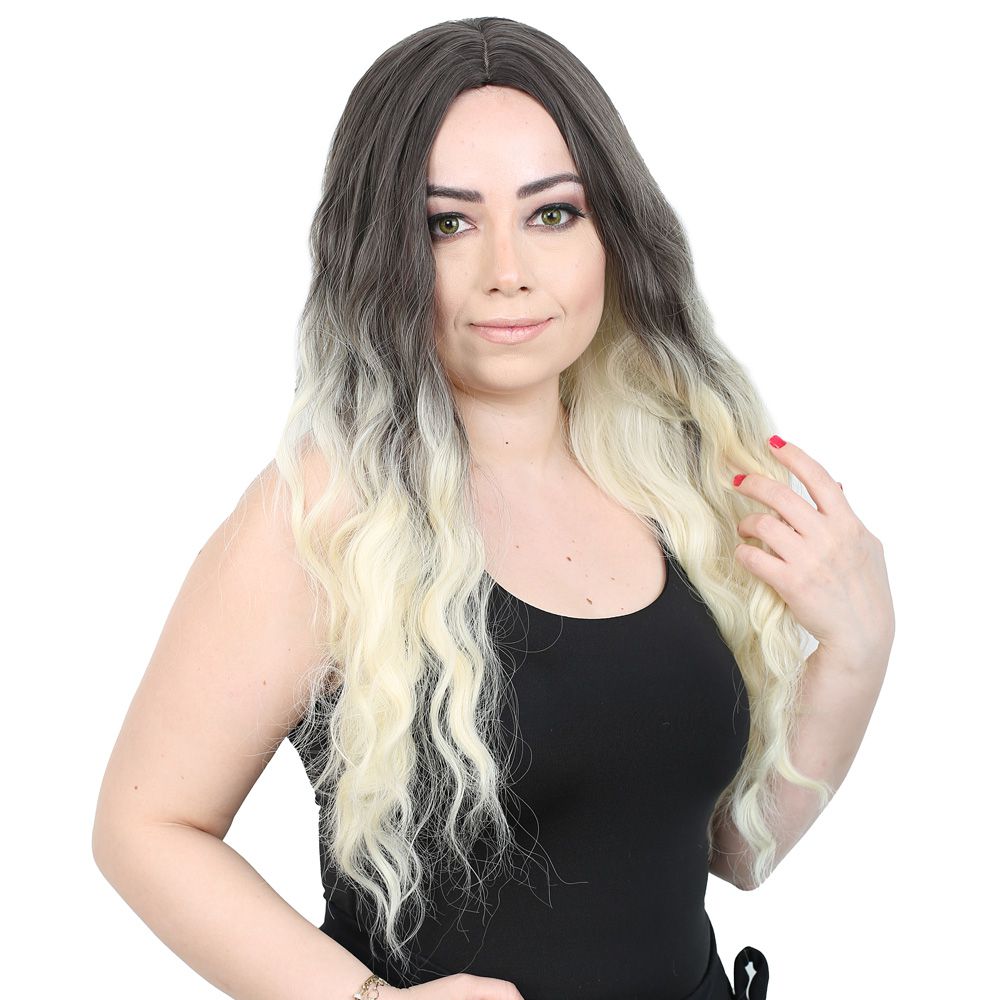 Kanekalon Fiber Synthetic Wig / Ashy Black / Platinum Ombré with Water Wavy Look and Long Bangs