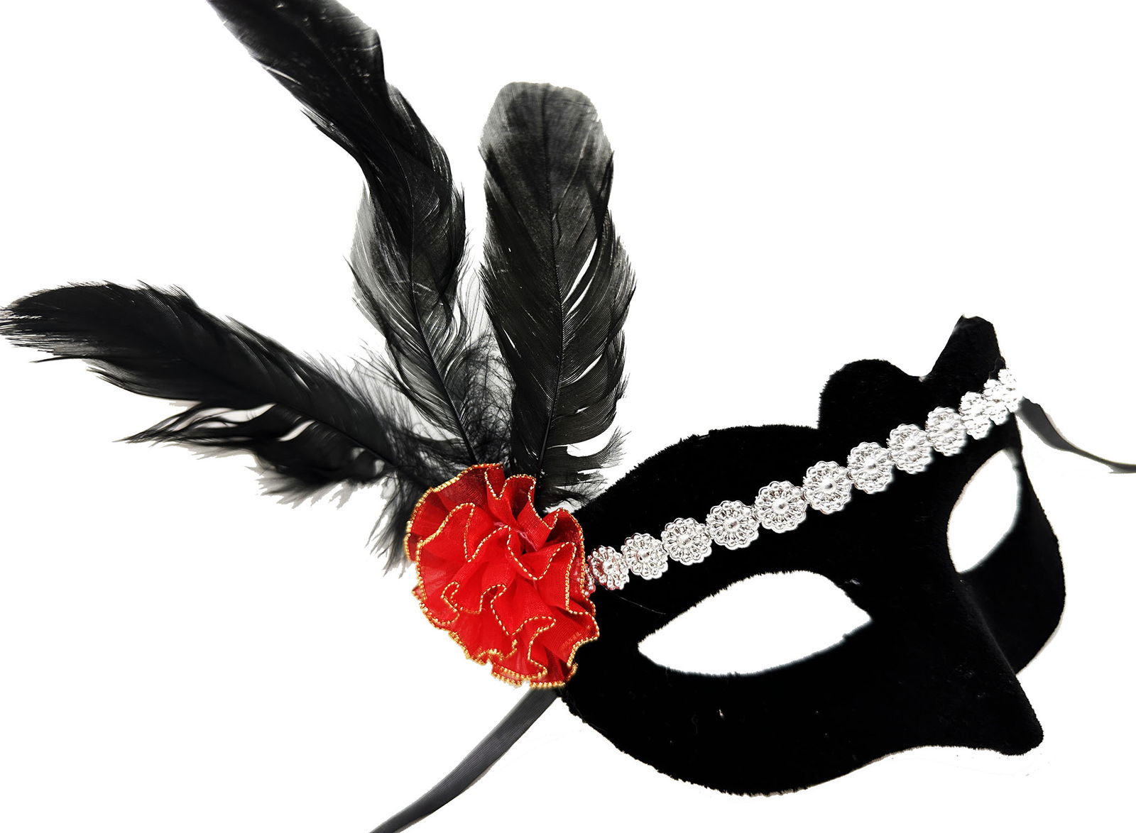 Black Color Suede Coating Silver Lace Red Rose Design Party Mask 18x20 cm