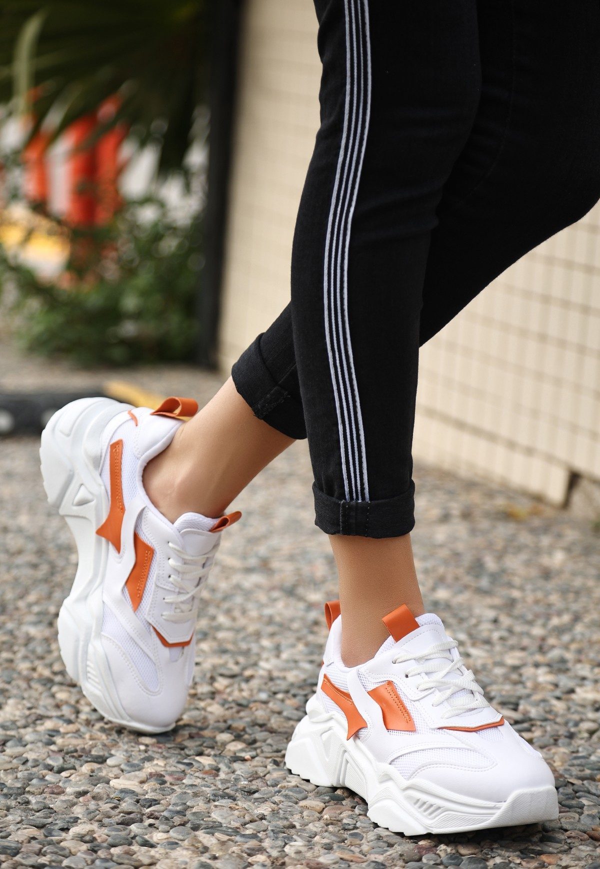 White Skin Orange Lace-Up Sneakers