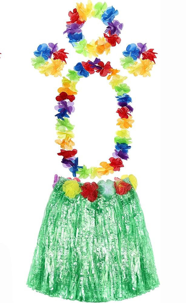 Adult and Child Compatible Luau Aloha Hawaiian Green Skirt and Colorful Necklace Crown 2 Piece Bracelet Set