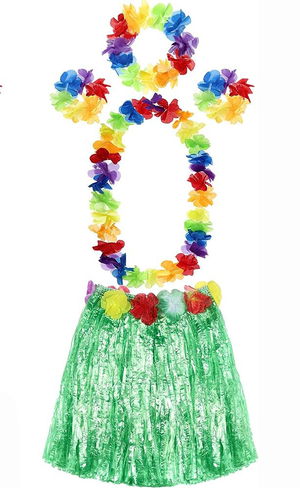 Adult and Child Compatible Luau Aloha Hawaiian Green Skirt and Colorful Necklace Crown 2 Piece Bracelet Set