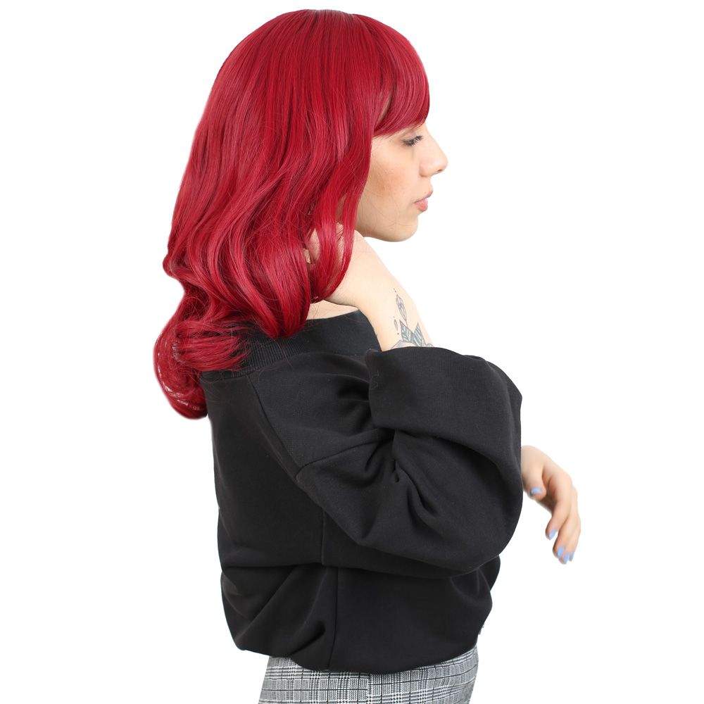 Medium Length Kanekalon Fiber Synthetic Wig with Wavy Custom Bangs / Red