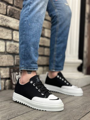 Thick High Sole Smile Patterned Black and White Sneakers for Men