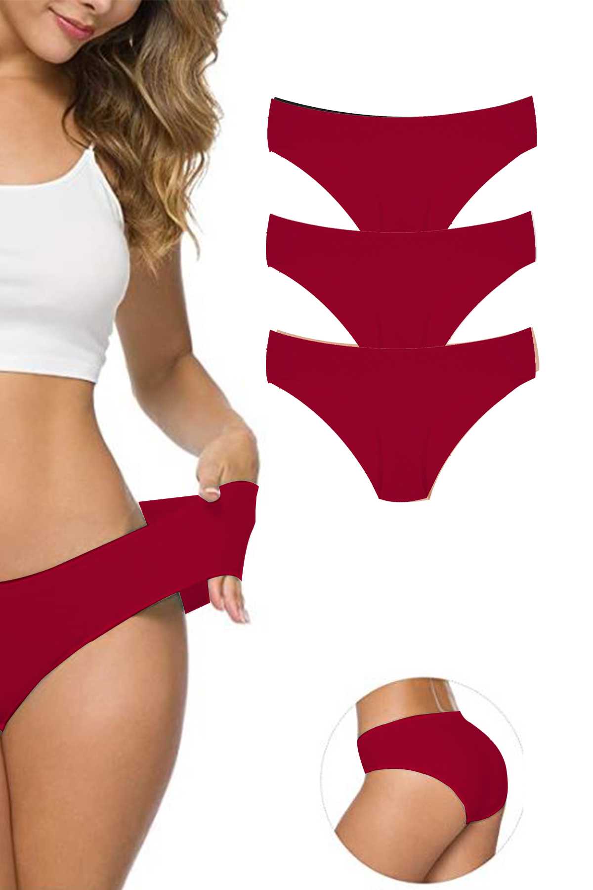 3Pcs Women's Seamless Laser Cut Stretchy Non-marking Panties Burgundy