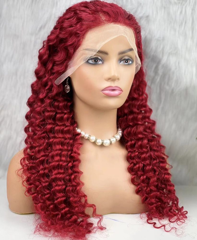 Real Hair Front Lace Tulle Wig / Deep Wavy / Red 70/75cm