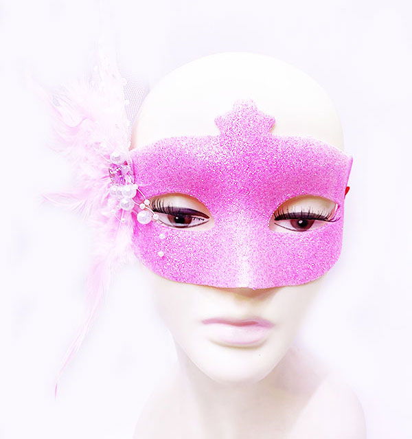 Glitter Embroidered Pearl Bead Detailed Feather Ball Mask Pink Color 13x18 cm