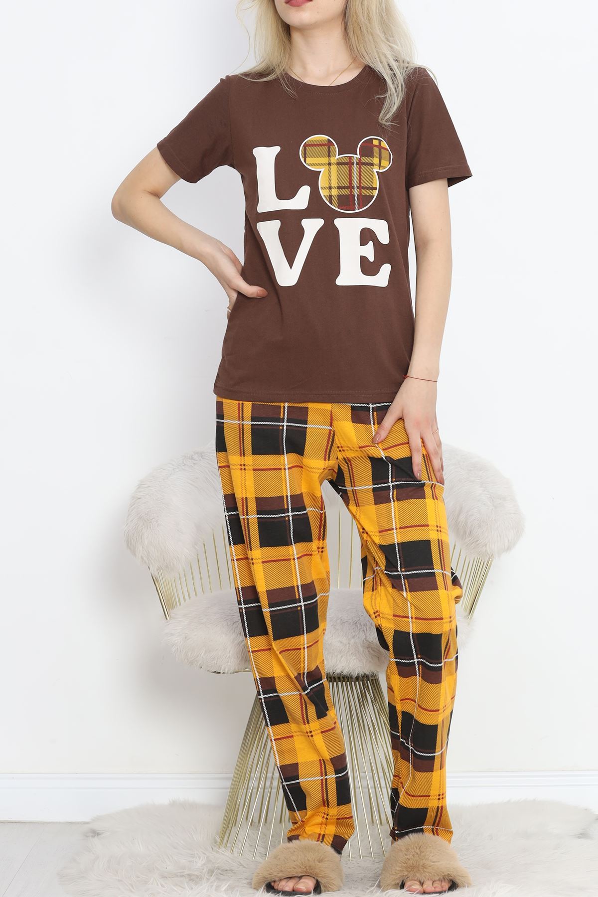 Patterned Pajama Set Coffee