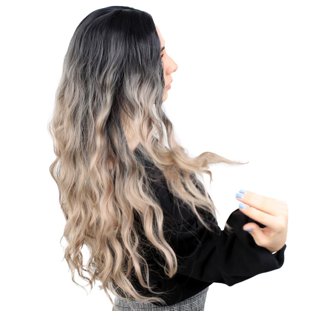 Kanekalon Fiber Synthetic Long Water Wavy Look Wig / Black / Ashy Platinum Ombré