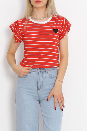 Embroidered Sleeve Ruffle T-Shirt Red