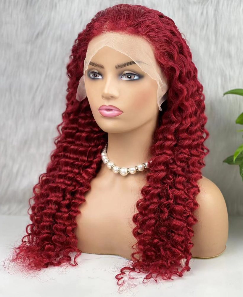 Real Hair Front Lace Tulle Wig / Deep Wavy / Red 70/75cm