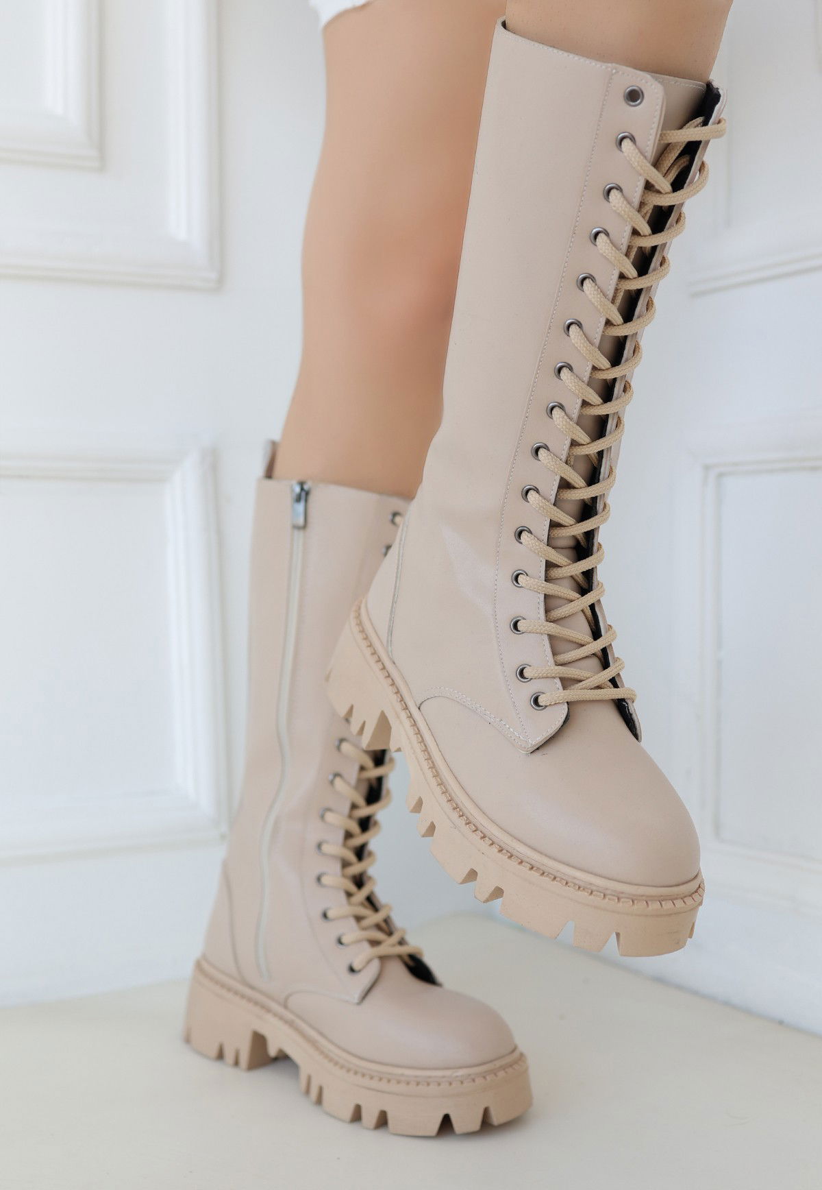 Nude Skin Lace-up Boots