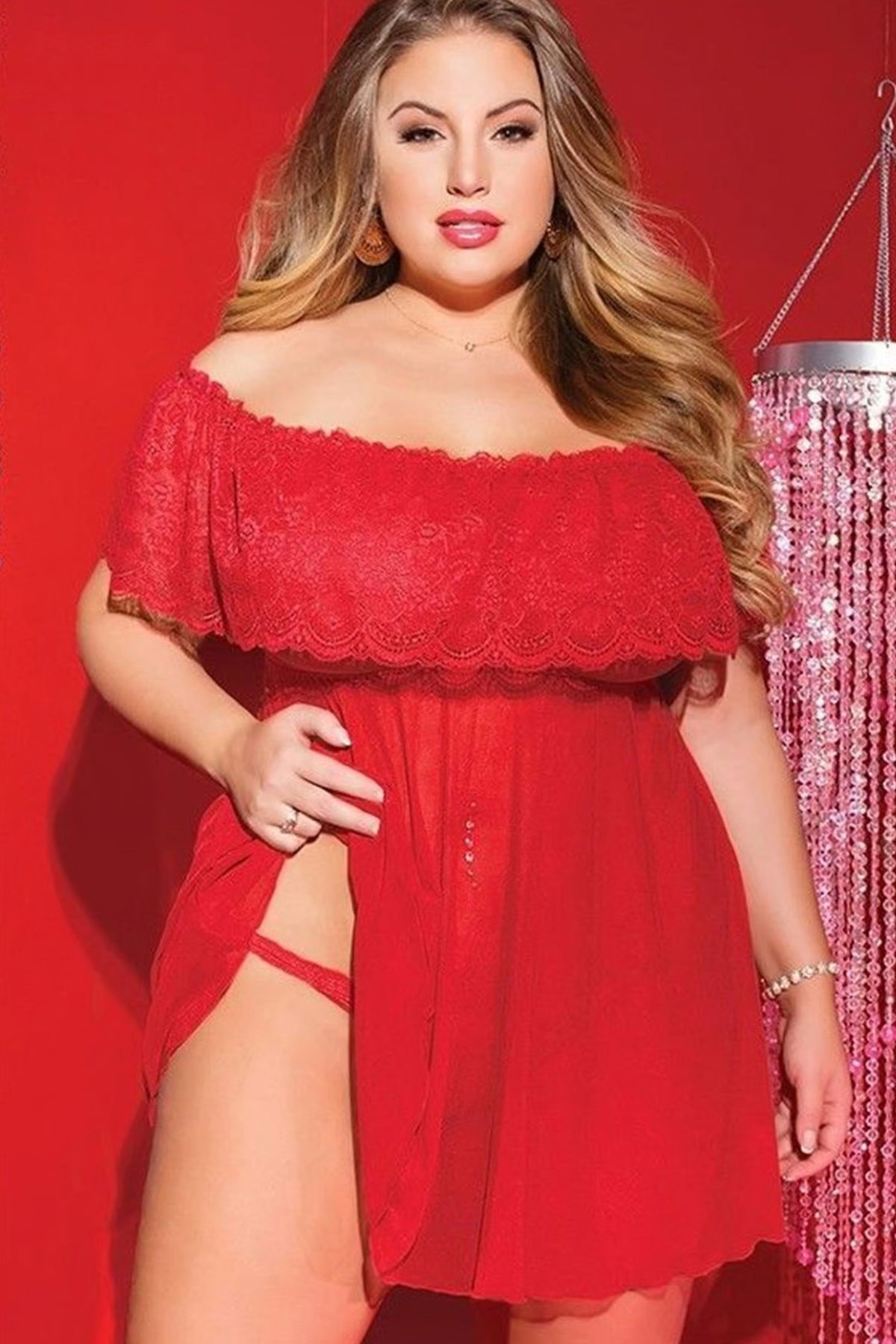 Night Light Women's Red Top Lace Bottom Lycra Tulle Fantasy Plus Size Nightdress 3174