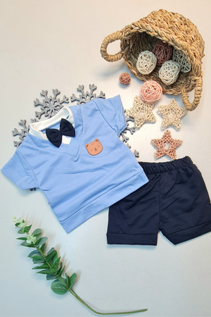 Baby Boy Bow Tie Short Sleeve Summer Fashionable Top and Bottom Suit Blue