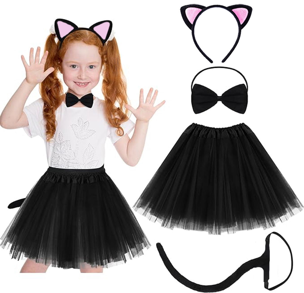 Cat Ear Crown Skirt Tail and Bow Tie Set of 4 Kids Pink