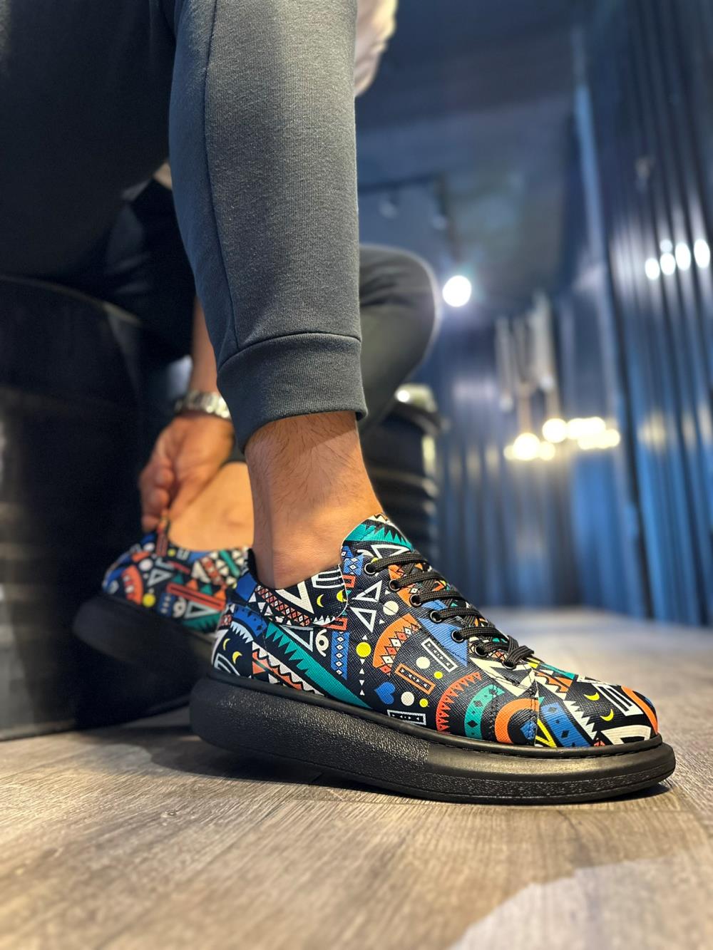 High Sole Colorful Printed Casual Shoes Black (Black Sole)