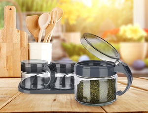 Spice Set 3 Pcs Glass Spice Rack with Spoon Stand