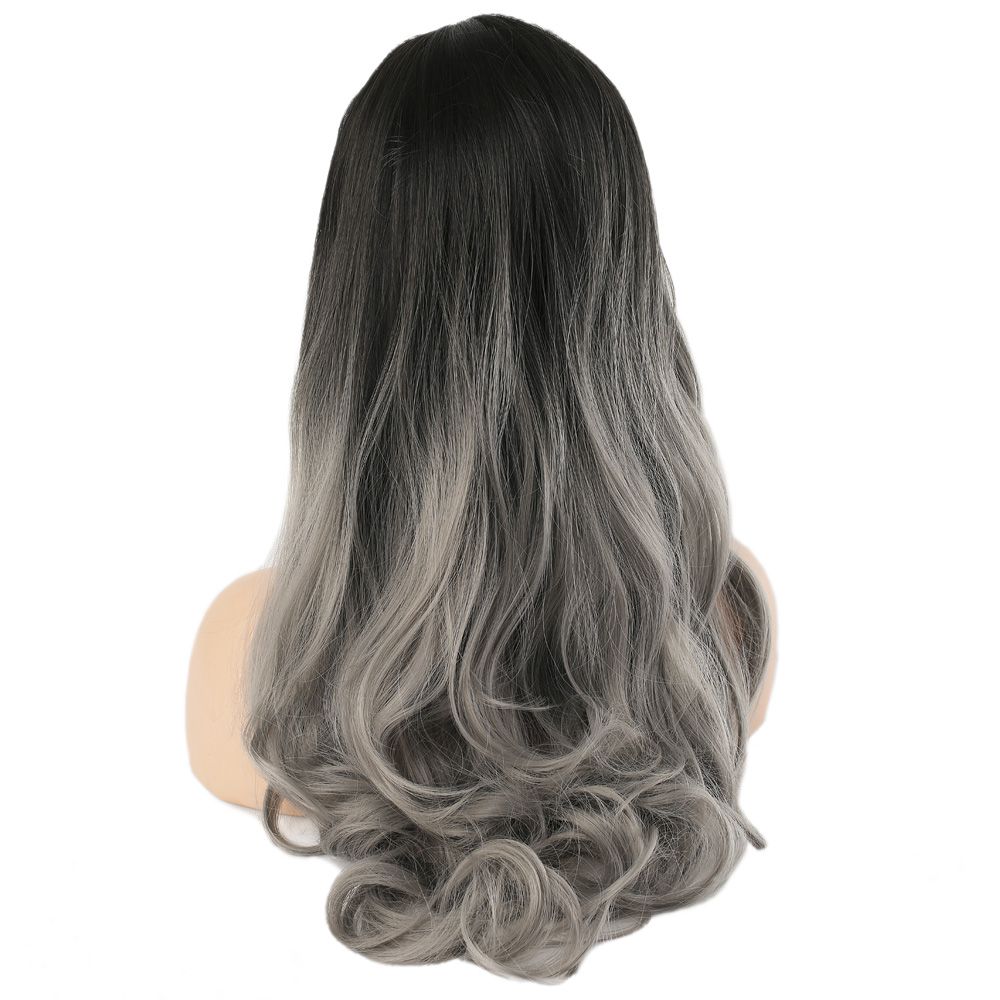 Long Wavy Kanekalon Fiber Synthetic Wig with Custom Bangs / Black Gray Ombré