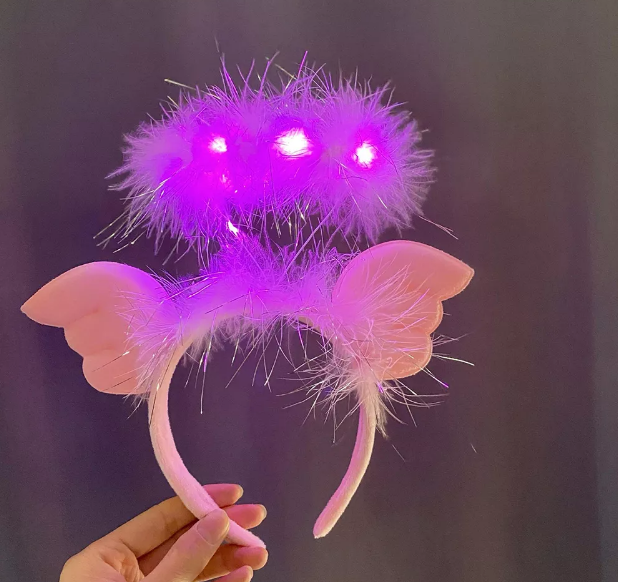 3 Functional Angel Hare Crown with Pink Wings Pink Feathers Led Light 20x25 cm