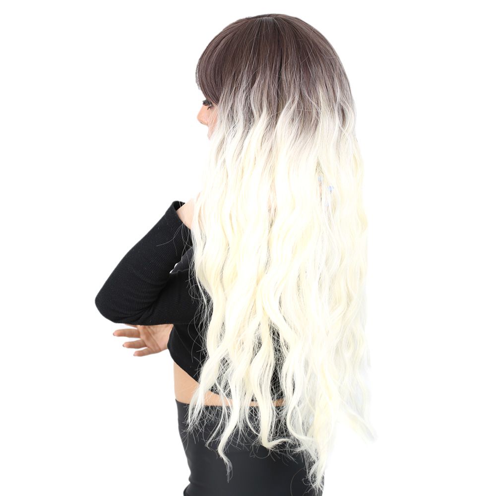 Kanekalon Fiber Synthetic Wig / Ashy Light Brown / Platinum Ombré Long Water Wavy Look with Special Bangs