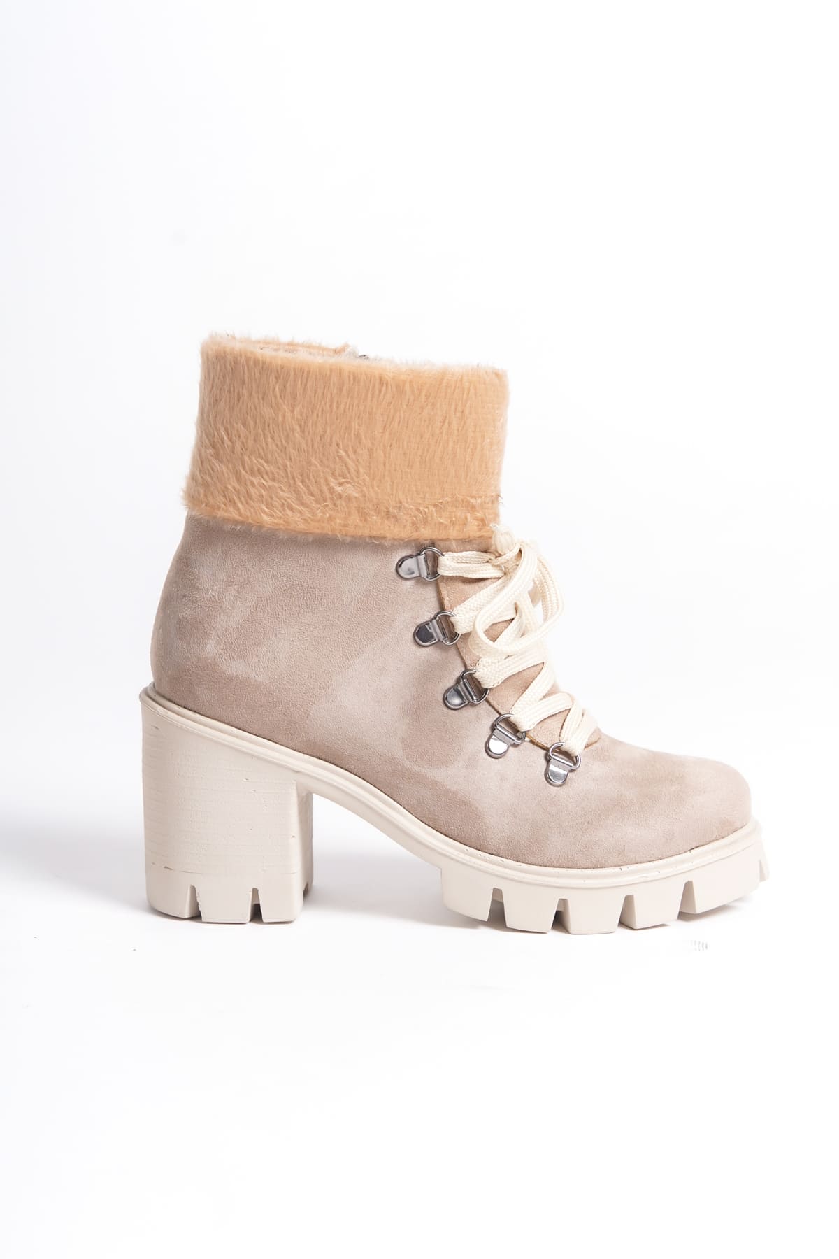 CLZ948 Lace-up Zippered Orthopedic Sole Heeled Sheepskin Detailed Suede Women's Boots TT Ten