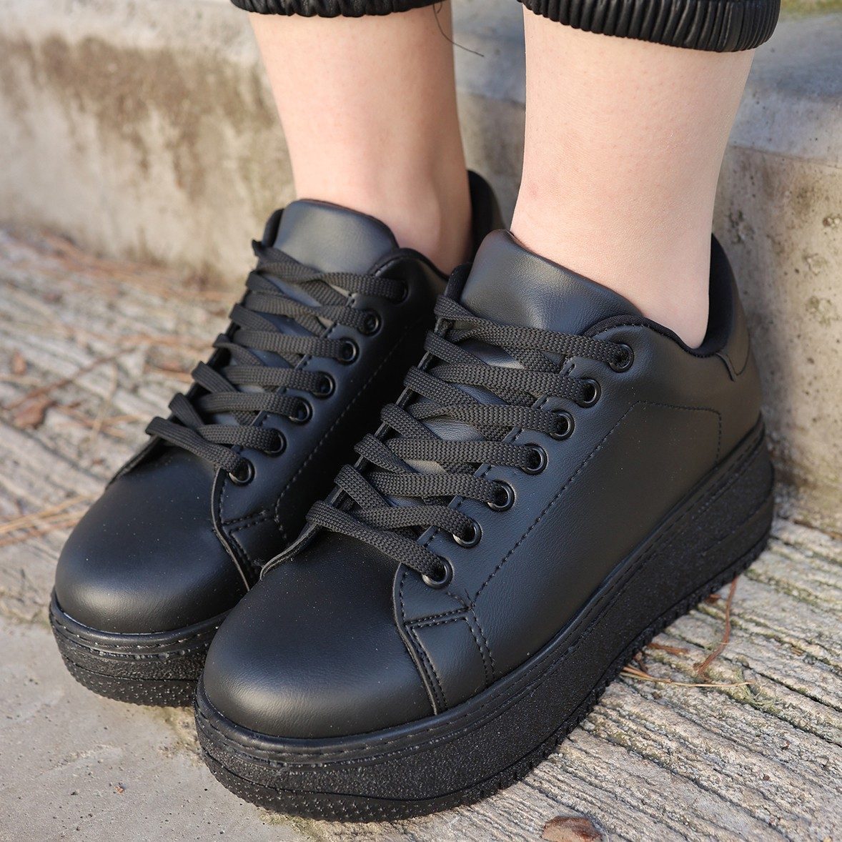 Black Skin Lace-Up Sneakers