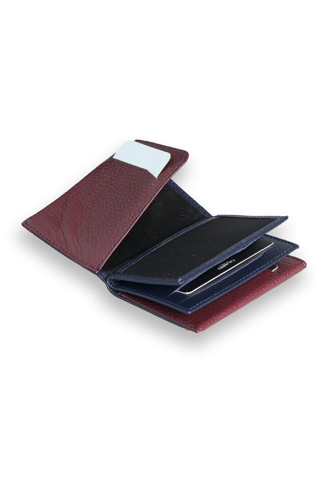 Navy Blue - Burgundy Genuine Leather Card Holder with Dual Color Compartments